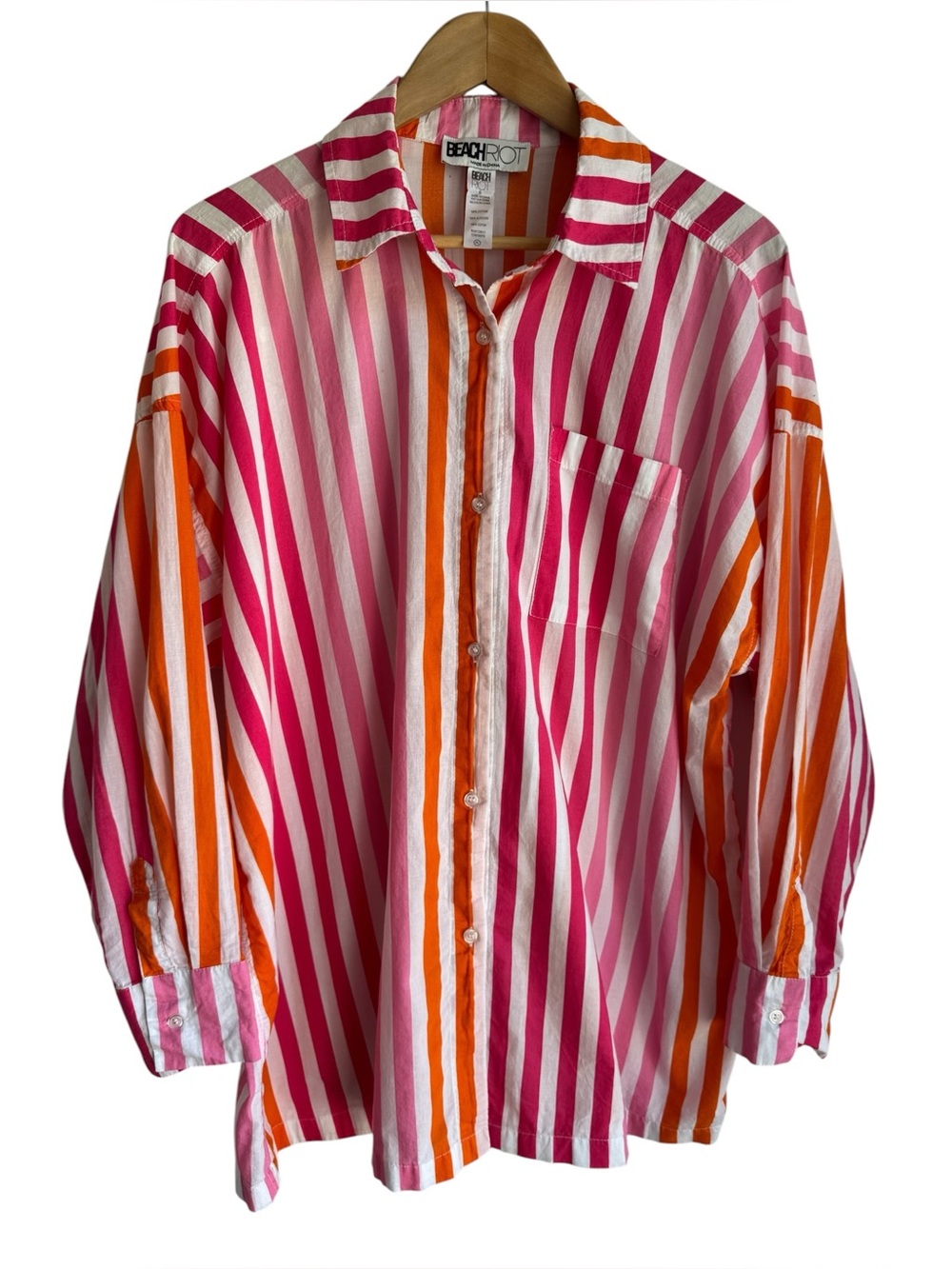 Beach Riot Alexa Oversized Striped Button Down Shirt Womens L Cotton Bright EUC